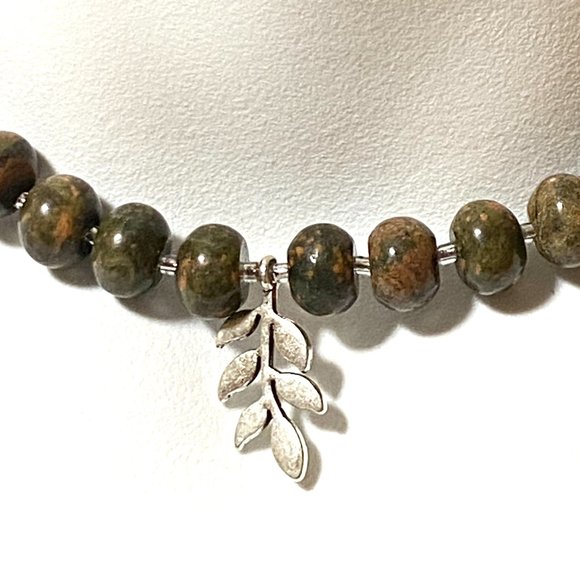 Cute Unakite Stone Silver Leaf Branch Necklace, Genuine Gemstone Beaded Necklace - Picture 3 of 9
